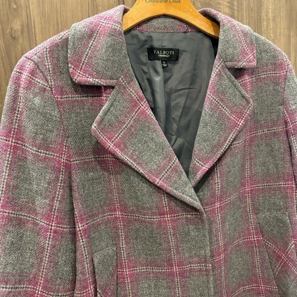 Talbots 12 Jacket Gray Pink Plaid Windowpane Wool Tweed Blazer Snap Front - Picture 5 of 11